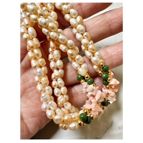 Freshwater  rice Pearl and coral cluster three strand twist necklace - Picture 3 of 7